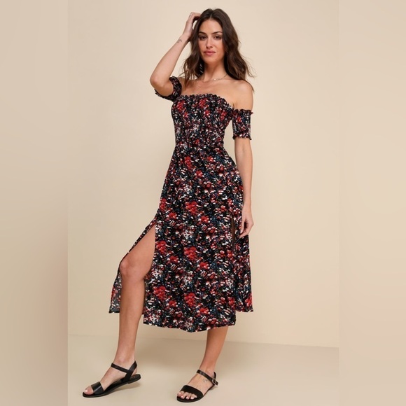 LULU’S View From The Meadow Black Floral Print Off The Shoulder Dress - Picture 2 of 7